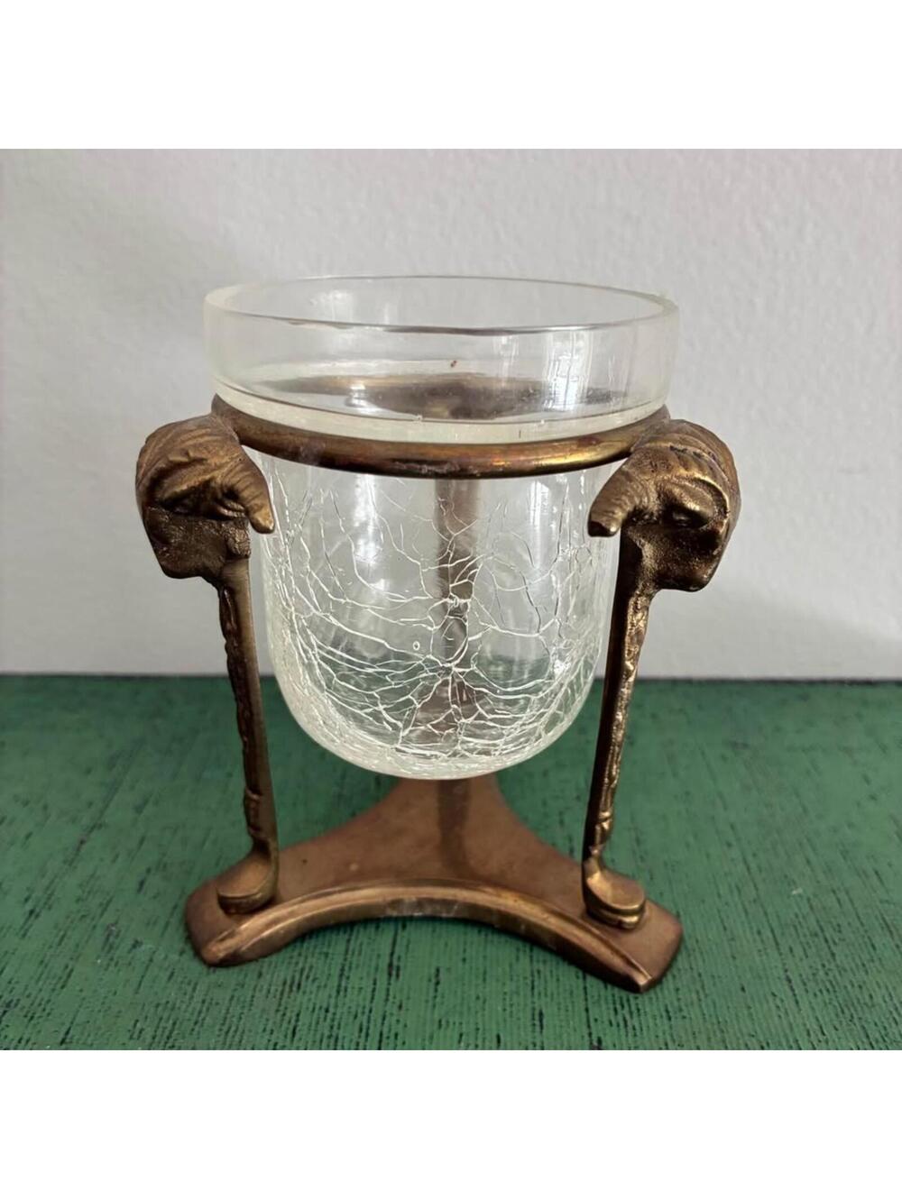 Vintage Brass Ram Head Votive Candle Holder Crackle Glass Tripod Stand MCM